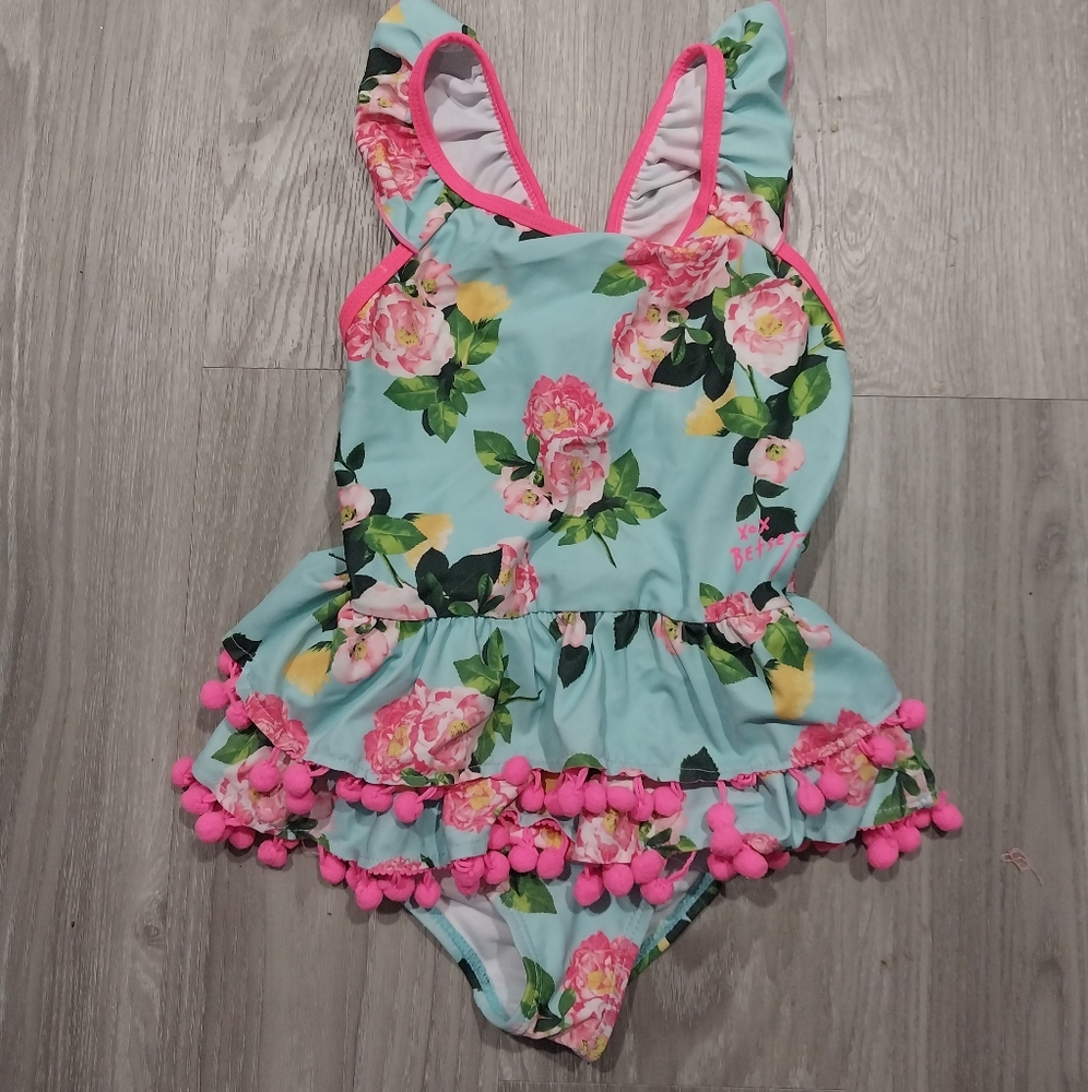 Betsy Johnson Girls Floral Ruffle Swimsuit with Pom Poms Size 6